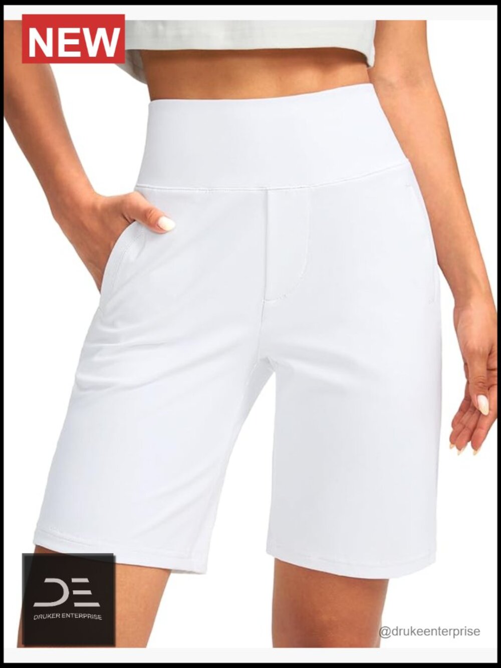 High Waisted 9" Bermuda Shorts with 4 Pockets Knee Length Active Long Shorts